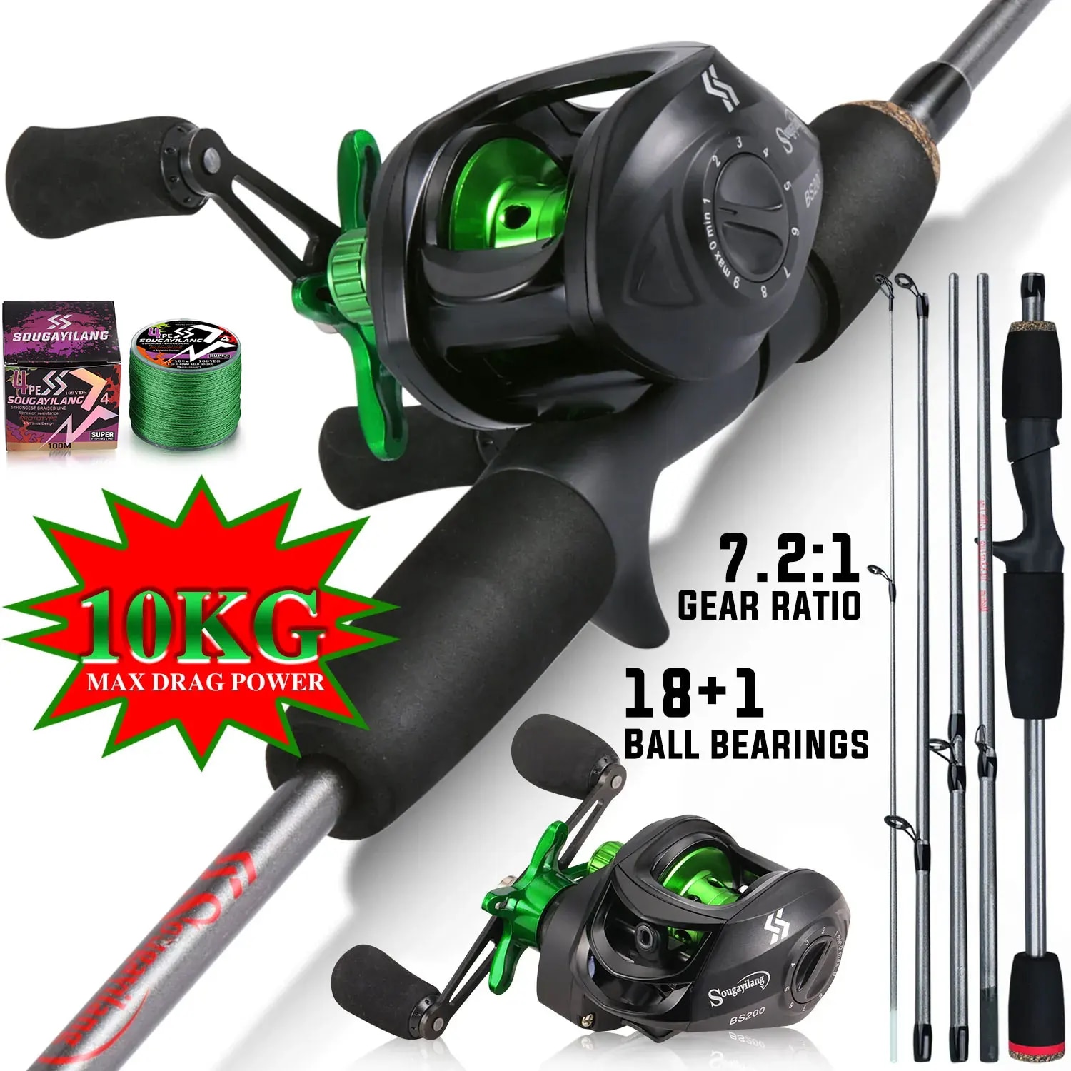 Spincast Reel - Sougayilang 釣り竿コンボ 1.7 メートルカーボンファイバーキャスティングロッドとベイトキャスティングリール、無料 Pe ライン最大ドラッグ